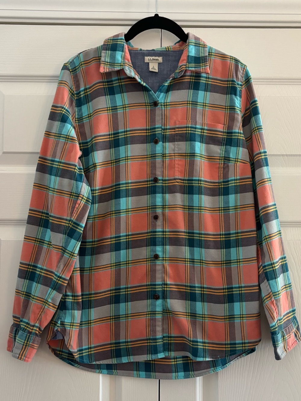 LL Bean All-Season Long Sleeve Button Up Flannel Shirt in Orange Blue Plaid